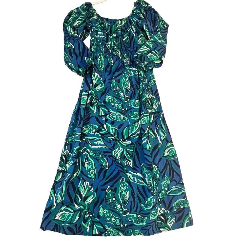 LILLY PULITZER Lakira Cotton Maxi Dress Indigo Breeze Size Large Tropical NWT